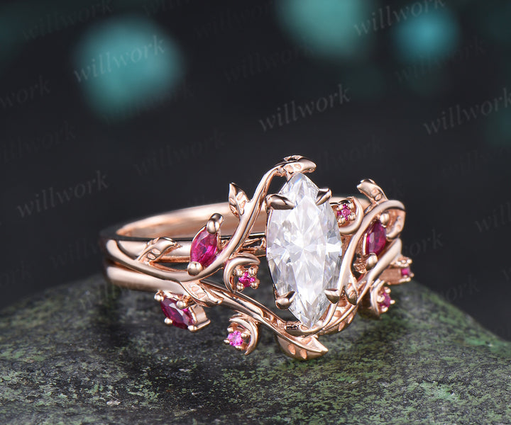 Marquise cut moissanite ring set leaf moon twig ring ruby accents nature inspired bridal set