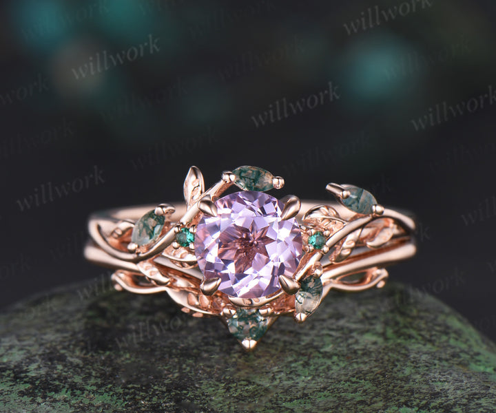 Round cut Lavender Amethyst Engagement Ring Set 14k rose gold leaf emerald moss agate ring vintage nature inspired bridal set Crystal gemstone gift