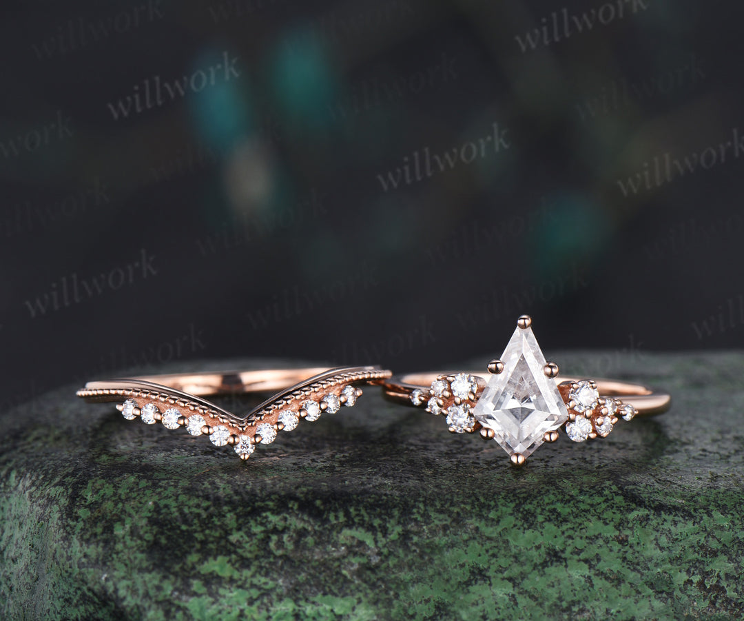 Moissanite engagement ring set kite cut ring rose gold vintage unique snowdrift 6 prong diamond bridal ring set for women