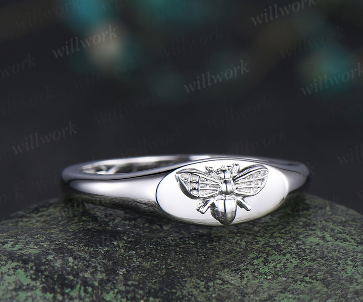 Honey bee signet ring solid 14k white gold ring bumblebee statement ring comfort fit jewelry gifts