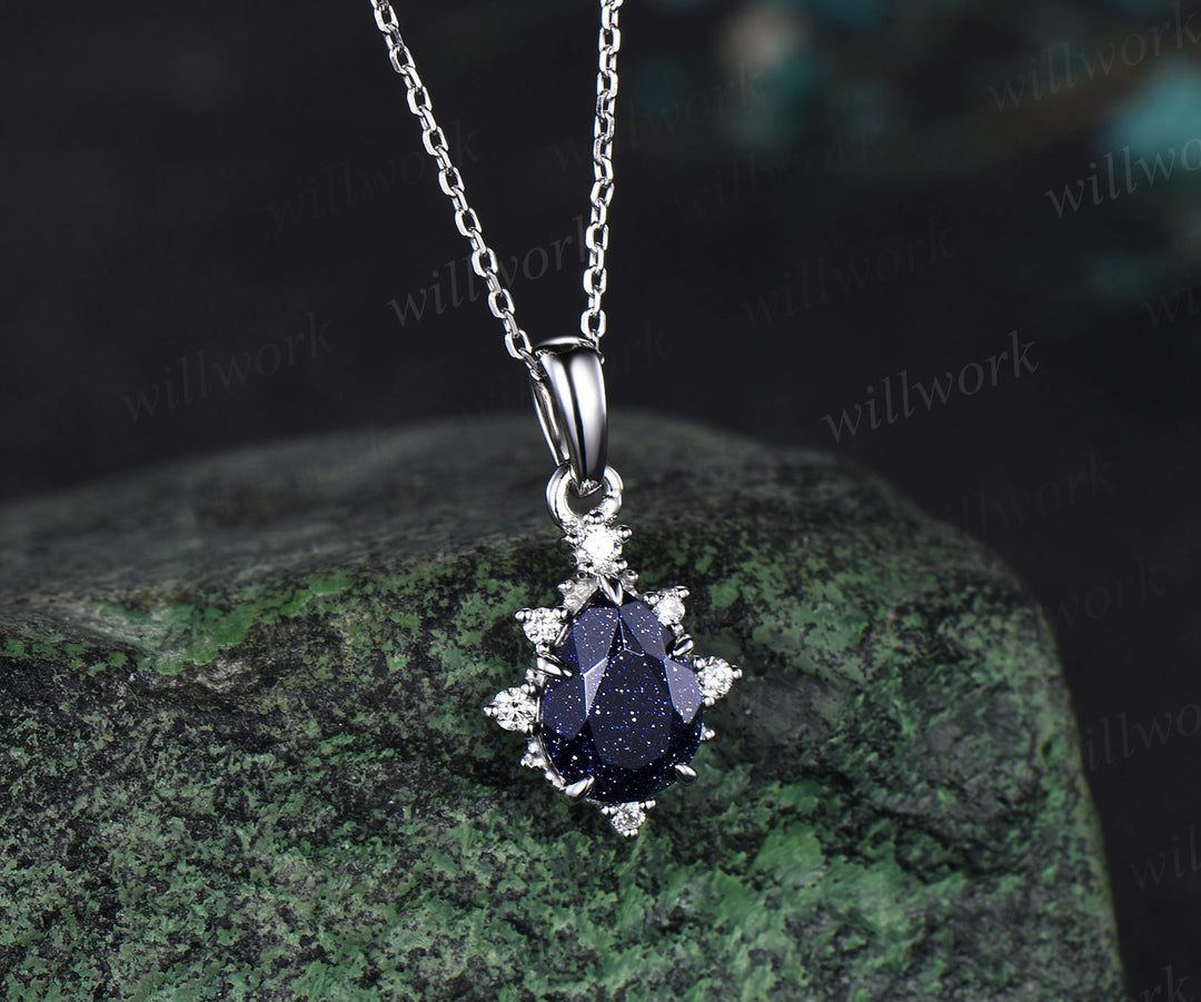 Pear shaped blue sandstone necklace solid 14k white gold dainty cluster diamond blue goldstone pendant women anniversary gift