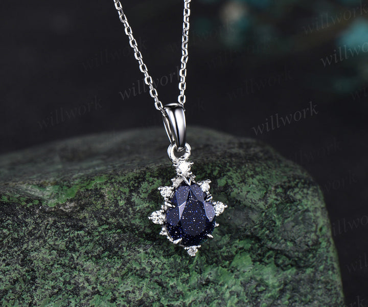 Pear shaped blue sandstone necklace solid 14k white gold dainty cluster diamond blue goldstone pendant women anniversary gift
