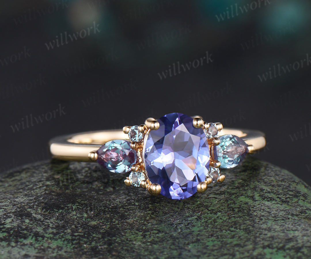 Oval Cut Natural Tanzanite Engagement Ring Cluster Pear Alexandrite Ring Unique December Birthstone Birthday Gifts Blue Gemstone Rings