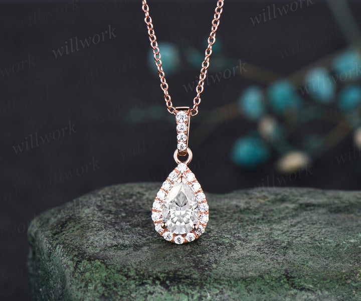 Pear shaped moissanite  Necklace Solid 14k Rose Gold Vintage Unique Halo Diamond Necklace Pendant Women June Birthstone Anniversary Gift