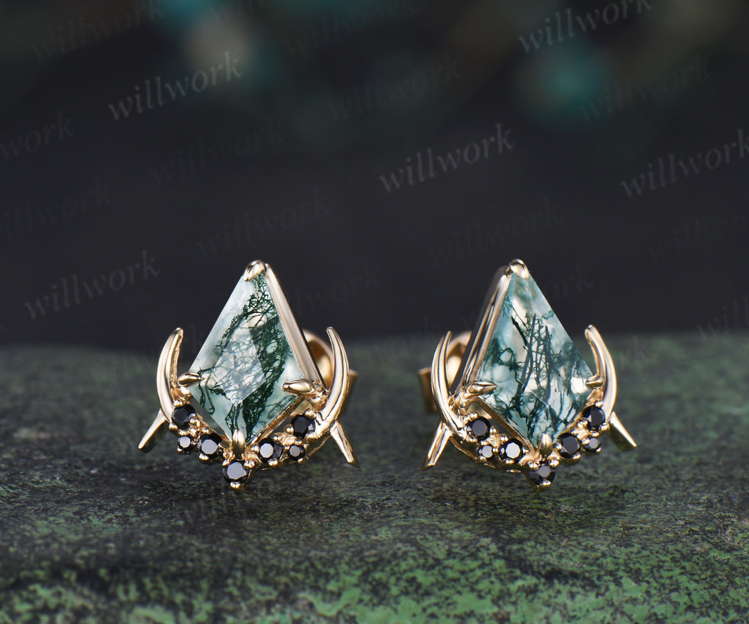 Unique kite cut natural moss agate earrings solid 14k 18k rose gold gothic moon cluster black spinel stud earrings piercing earrings for women
