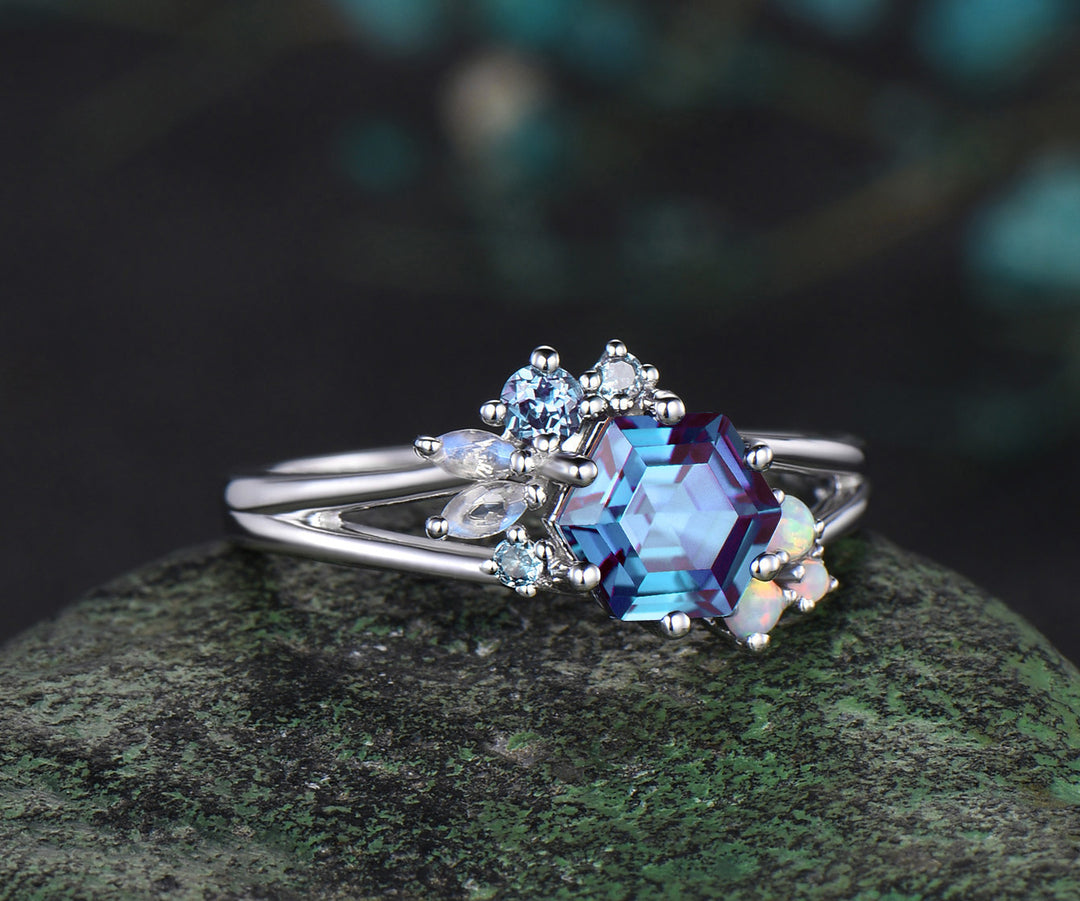 Hexagon Cut Alexandrite ring white gold cluster split shank unique Engagement Ring moonstone opal wedding ring women