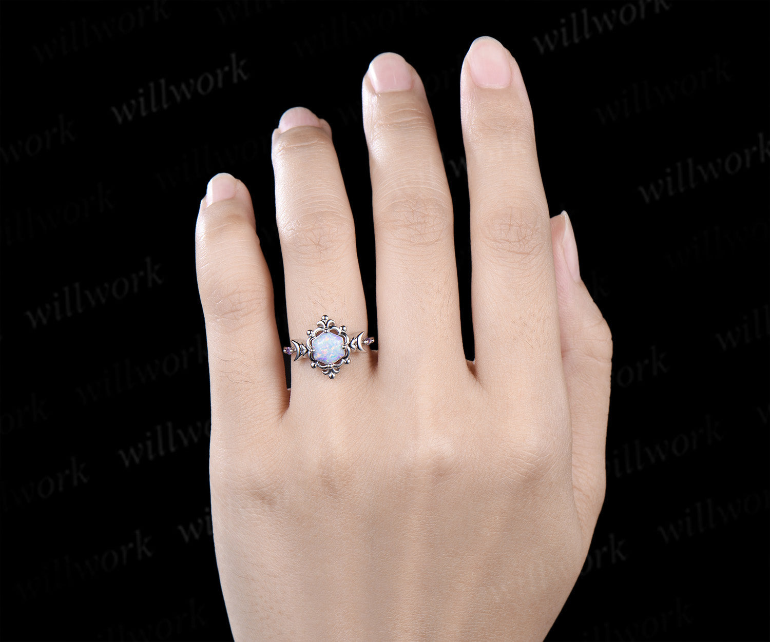 Hexagon opal moon ring amethyst vintage floral crown engagement