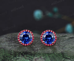 WillWork Jewelry sapphire Round Cut Earrings Vintage halo Earrings ruby around Promise Earrings