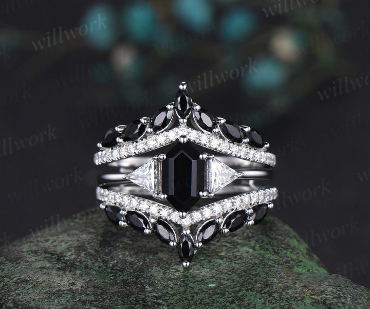 Long hexagon cut black onyx engagement ring solid 14k white gold three stone moissanite black spinel wedding band enhancer women