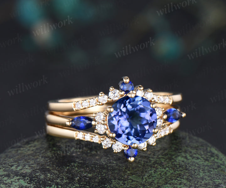 Round cut natural tanzanite engagement ring set yellow gold sapphire diamond wedding ring set jewelry