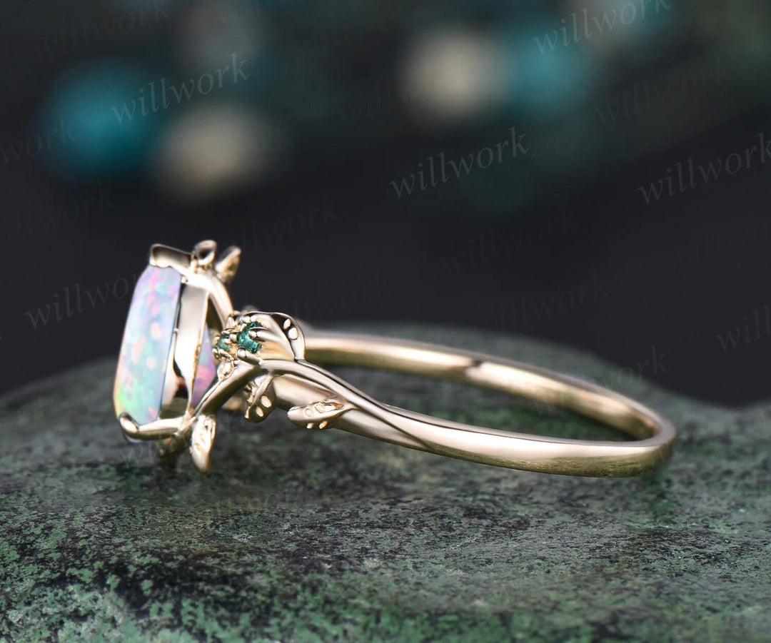October birthstone Pear Cut Emerald Engagement Ring Unique Leaf Flower Vine Twig Branch Nature Inspired Wedding Ring 14k Yellow Gold Bridal Ring