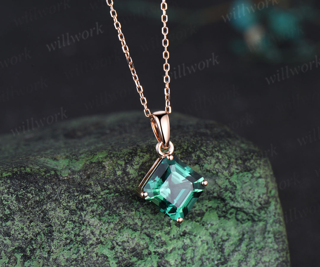 Asscher cut lab green sapphire necklace solid 14k rose gold vintage unique Personalized pendant women her gemstone anniversary bridal gift mother