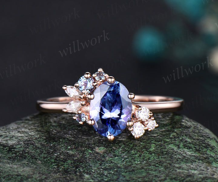 Oval cut Tanzanite ring rose gold women cluster unique engagement ring vintage art deco moissanite promise bridal ring gifts