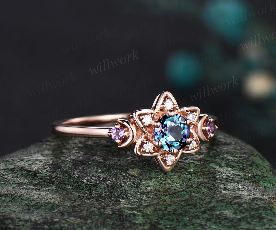 Round cut alexandrite ring vintage rose gold amethyst diamond ring moon star floral Celtic knot engagement ring women gift