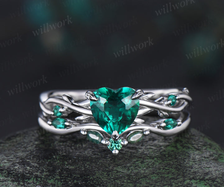 1ct heart cut emerald engagement ring set 14k white gold leaf branch moss agate ring women unique anniversary gift