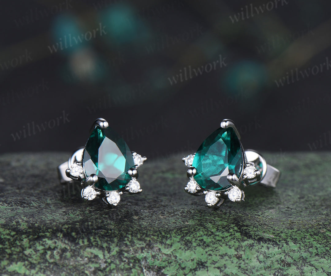 Pear green emerald Earrings 14k white gold cluster diamond Drop Earrings Drop Teardrop gemstone women