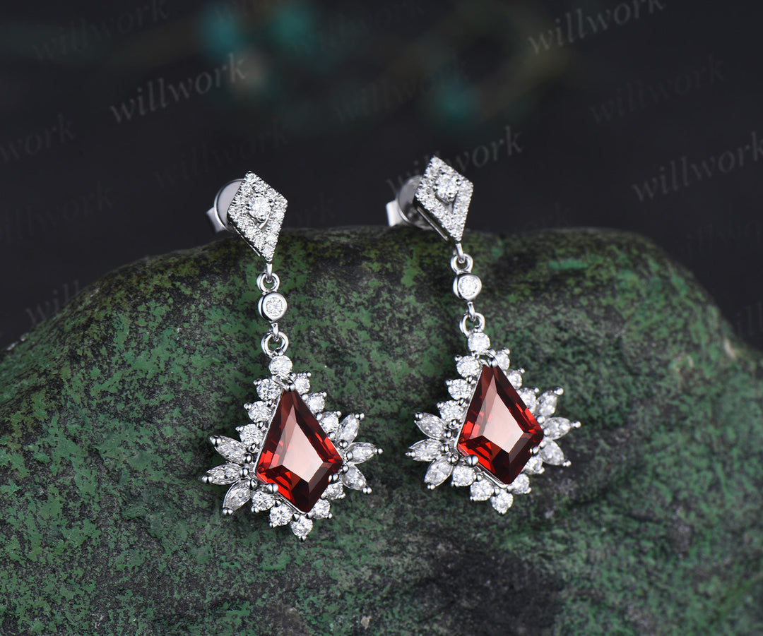 Kite natural garnet drop earrings marquise moissanite halo earrings January birthstone piercing earrings wedding anniversary gifts