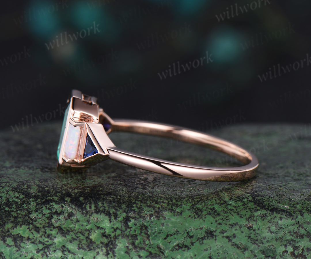 Bezel emerald cut green emerald engagement ring rose gold five stone Baguette opal ring Trilliant sapphire ring retro unique anniversary gift