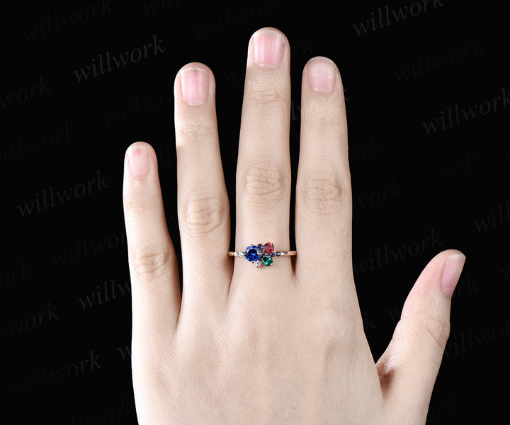 14K Gold Mixed Stone round cut Cluster Ring Christmas Ring Emerald Ring Ruby Anniversary Ring Blue Sapphire Engagement Ring for anniversary