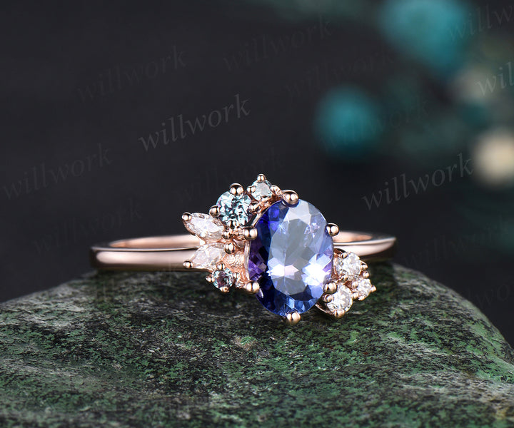 Oval cut Tanzanite ring rose gold women cluster unique engagement ring vintage art deco moissanite promise bridal ring gifts