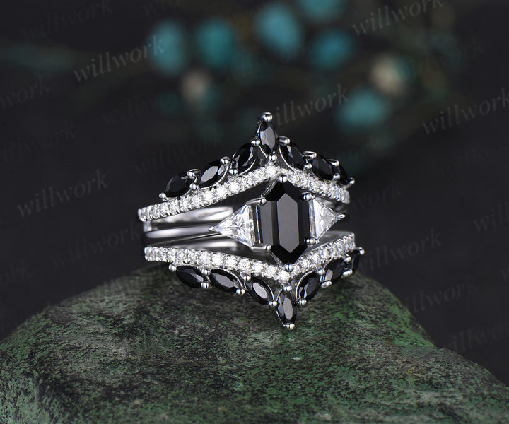 Long hexagon cut black onyx engagement ring solid 14k white gold three stone moissanite black spinel wedding band enhancer women