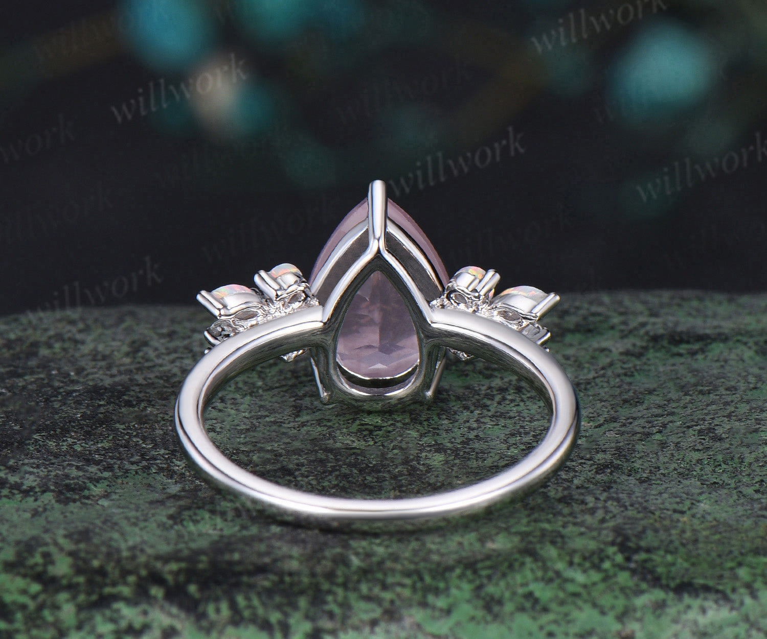 Pear shaped rose quartz engagement ring rose gold cluster opal