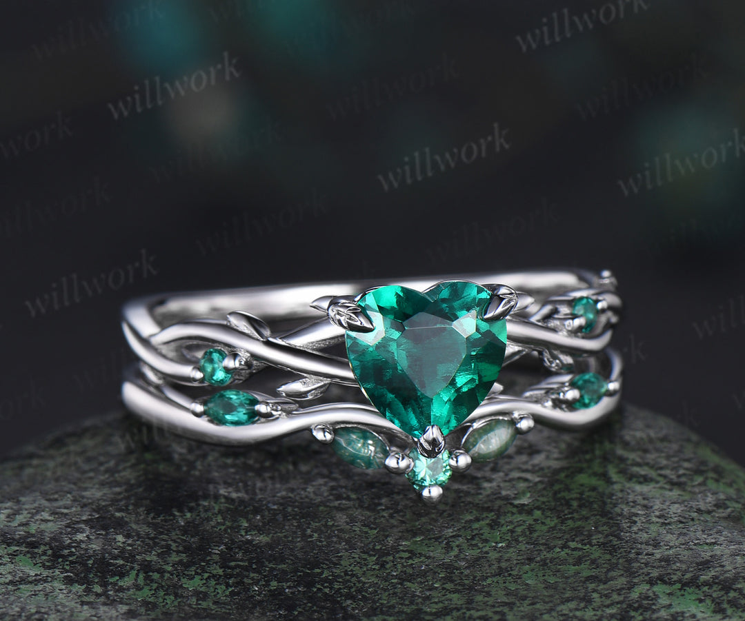 1ct heart cut emerald engagement ring set 14k white gold leaf branch moss agate ring women unique anniversary gift