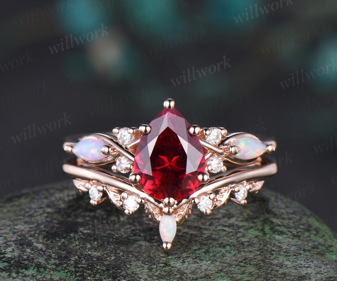 Vintage Pear Cut Ruby Engagement Ring Set 14k Rose Gold Red