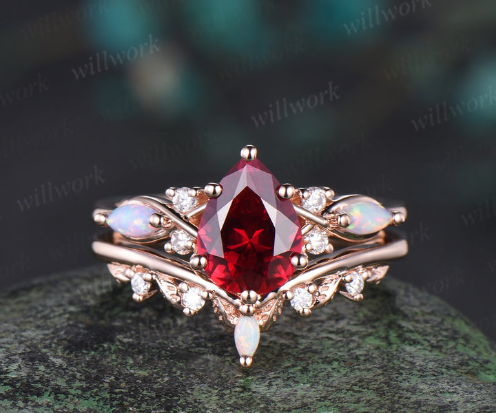 Vintage Pear Cut Ruby Engagement Ring Set 14k Rose Gold Red Gemstone July Birthstone Ruby Ring Opal Leaf Wedding Band 2pcs Bridal Ring Set