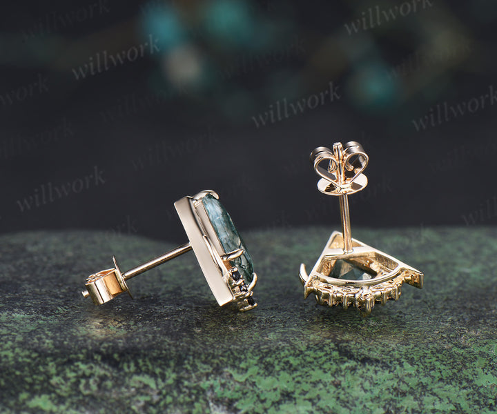 Unique kite cut natural moss agate earrings solid 14k 18k rose gold gothic moon cluster black spinel stud earrings piercing earrings for women
