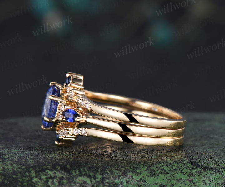 Round cut natural tanzanite engagement ring set yellow gold sapphire diamond wedding ring set jewelry