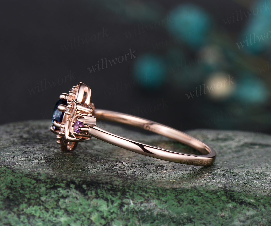 Round cut alexandrite ring vintage rose gold amethyst diamond ring moon star floral Celtic knot engagement ring women gift