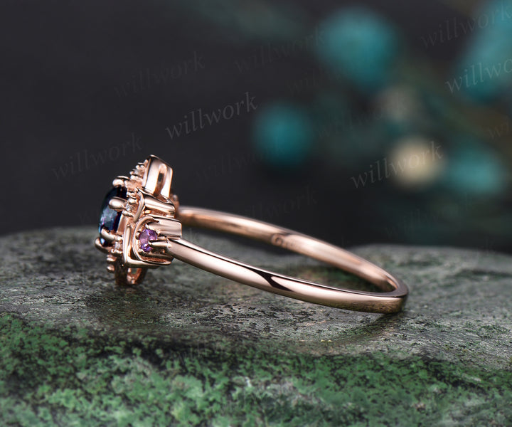 Round cut alexandrite ring vintage rose gold amethyst diamond ring moon star floral Celtic knot engagement ring women gift