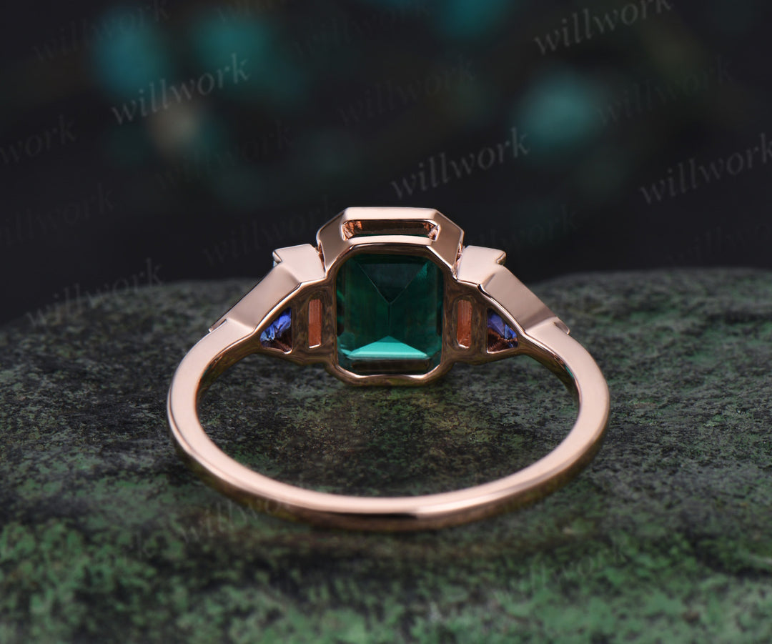 Bezel emerald cut green emerald engagement ring rose gold five stone Baguette opal ring Trilliant sapphire ring retro unique anniversary gift