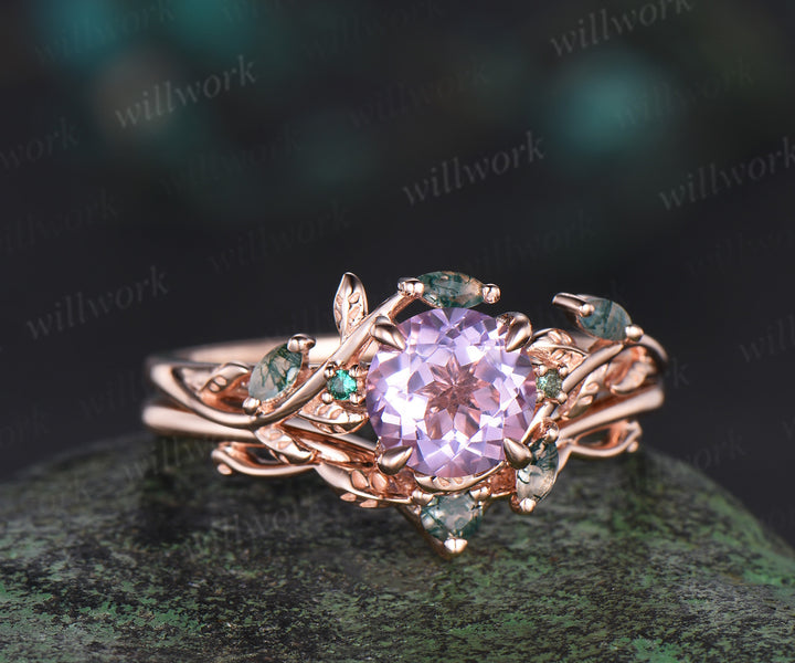 Round cut Lavender Amethyst Engagement Ring Set 14k rose gold leaf emerald moss agate ring vintage nature inspired bridal set Crystal gemstone gift