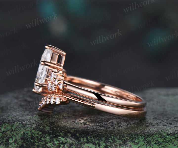 Moissanite engagement ring set kite cut ring rose gold vintage unique snowdrift 6 prong diamond bridal ring set for women