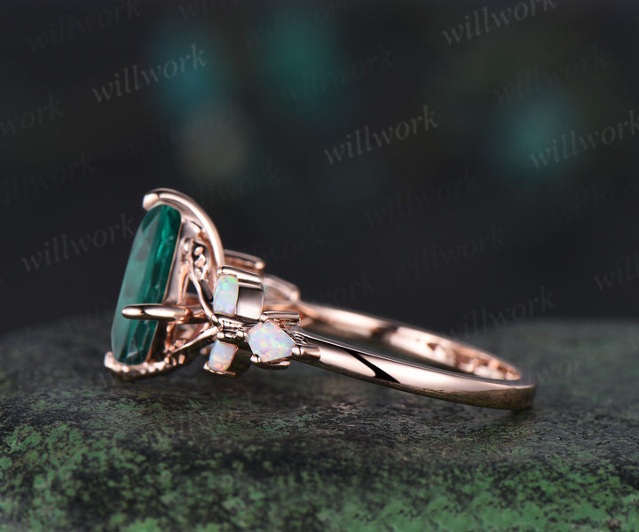 Unique kite cut emerald engagement ring leaf kite opal ring 14k rose gold art deco promise anniversary gift