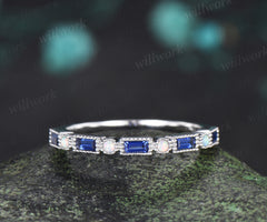 Baguette cut sapphire opal wedding band milgrain half eternity wedding ring band vintage unique stacking ring gifts for her