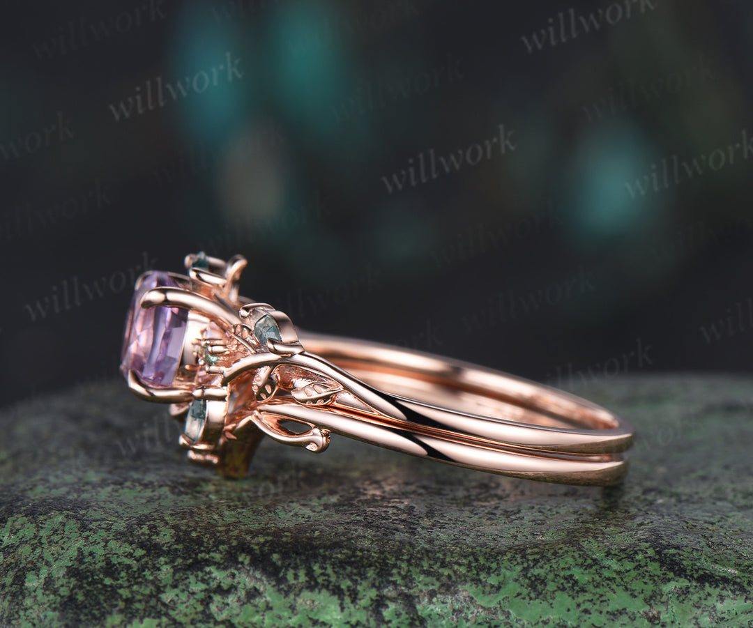 Round cut Lavender Amethyst Engagement Ring Set 14k rose gold leaf emerald moss agate ring vintage nature inspired bridal set Crystal gemstone gift