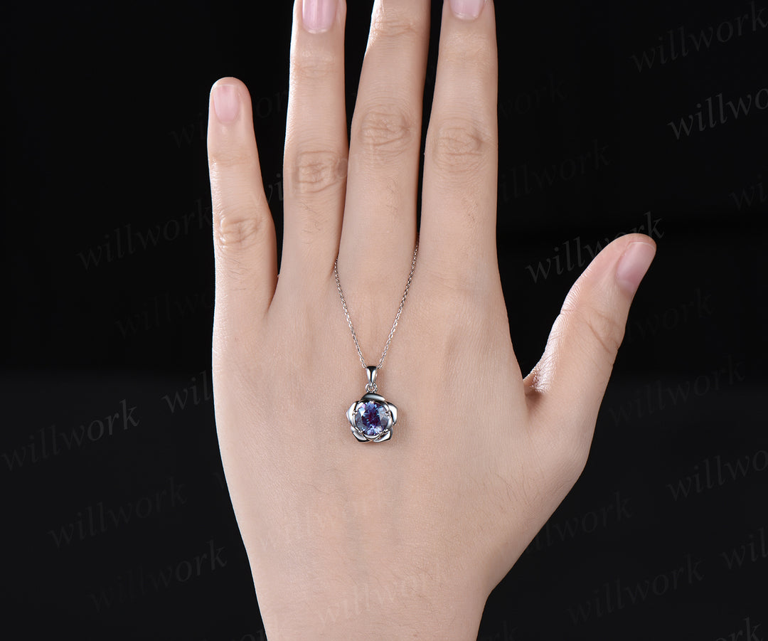 2ct Round Cut Alexandrite Necklace Solid 14k 18k White Gold Gold Vintage Unique Personalized 5 Prong Floral Pendant For Women Her Gemstone Anniversary Bridal Gift Mother