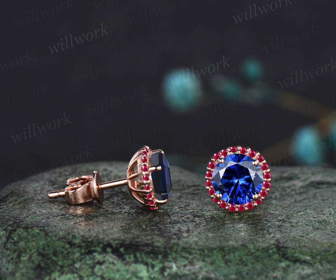 WillWork Jewelry sapphire Round Cut Earrings Vintage halo Earrings ruby around Promise Earrings