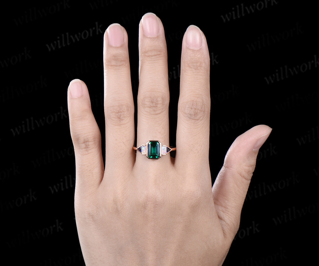 Bezel emerald cut green emerald engagement ring rose gold five stone Baguette opal ring Trilliant sapphire ring retro unique anniversary gift