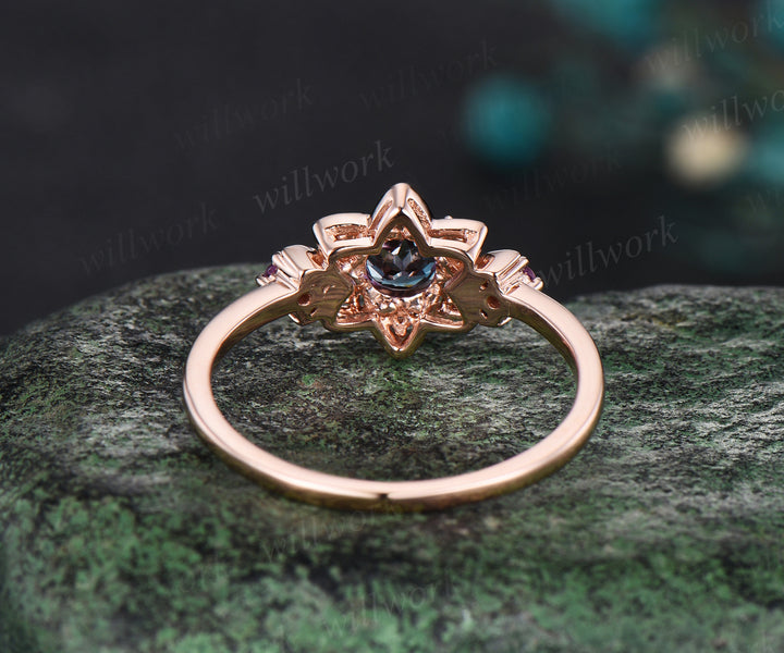 Round cut alexandrite ring vintage rose gold amethyst diamond ring moon star floral Celtic knot engagement ring women gift