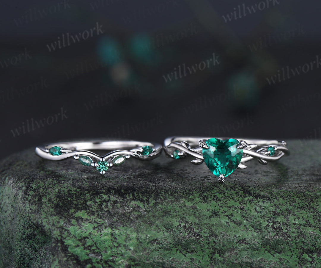 1ct heart cut emerald engagement ring set 14k white gold leaf branch moss agate ring women unique anniversary gift