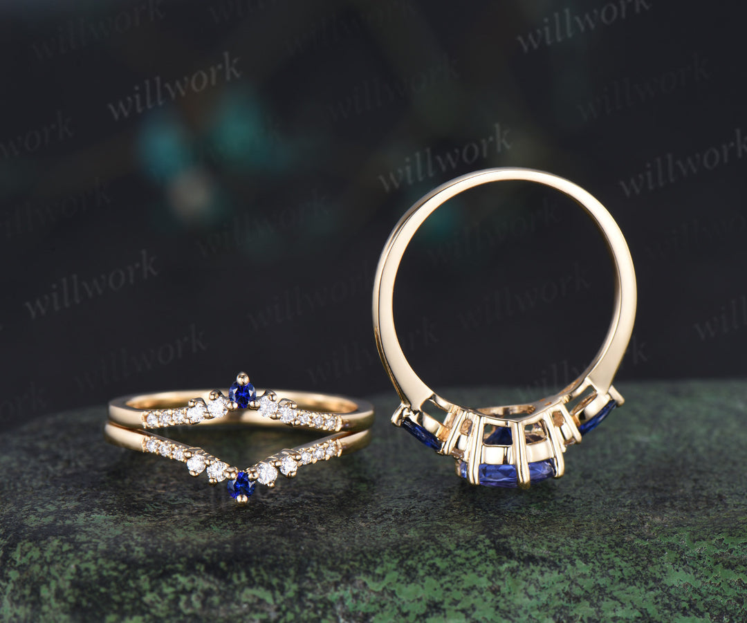 Round cut natural tanzanite engagement ring set yellow gold sapphire diamond wedding ring set jewelry