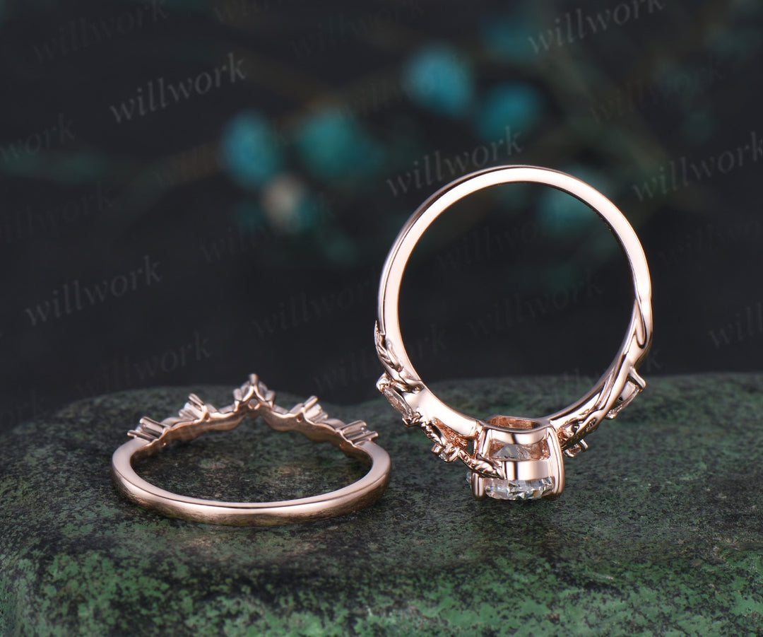 Pear shaped Lab grown diamond engagement ring set rose gold branch leaf ring set antique promise wedding ring set women