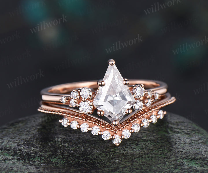 Moissanite engagement ring set kite cut ring rose gold vintage unique snowdrift 6 prong diamond bridal ring set for women