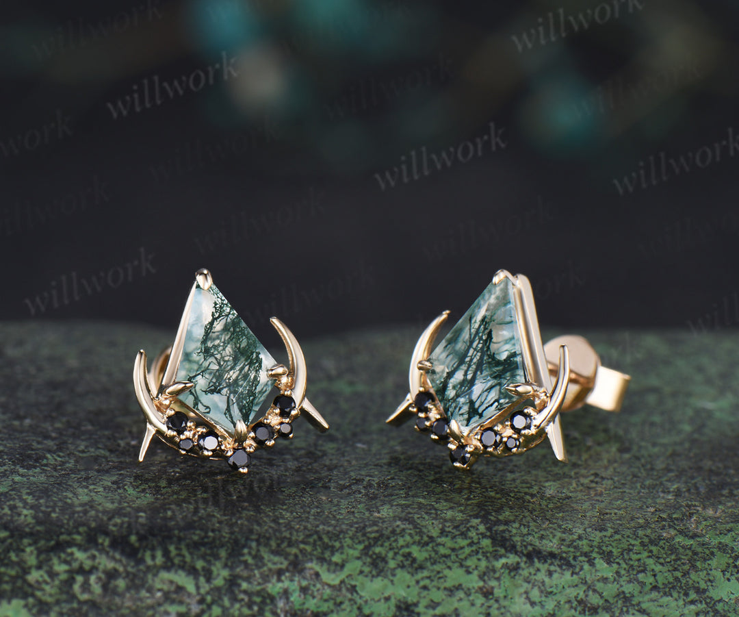 Unique kite cut natural moss agate earrings solid 14k 18k rose gold gothic moon cluster black spinel stud earrings piercing earrings for women