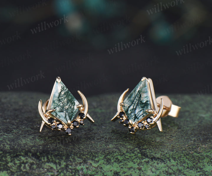 Unique kite cut natural moss agate earrings solid 14k 18k rose gold gothic moon cluster black spinel stud earrings piercing earrings for women
