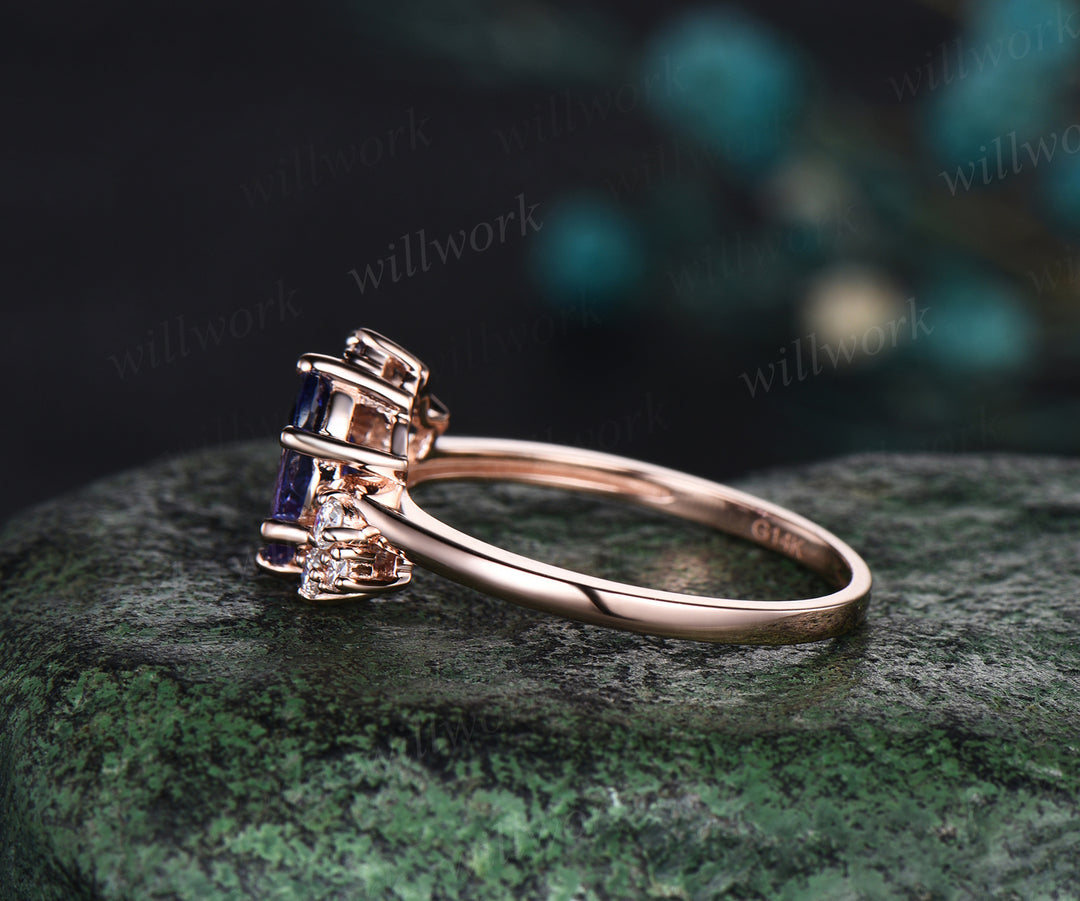 Oval cut Tanzanite ring rose gold women cluster unique engagement ring vintage art deco moissanite promise bridal ring gifts